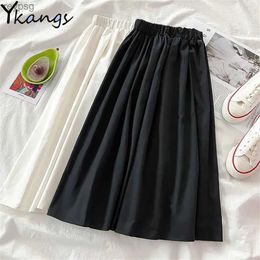 Skirts Solid Color Simple Plus Size 5XL Basic Long Skirt Women Wild Black White Pleated Skirt Female Big Size Summer Midi Saia Student YQ240201