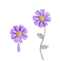 Stud Earrings Women Flower Asymmetric S925 Sterling Silver Gold Zircon Purple Daisy Asymmetrical Earring Gemstone Jewellery