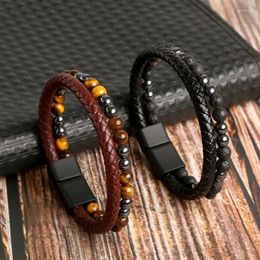 Charm Bracelets Punk Men Leather Bracelet Stainless Steel Magnet Tiger Eye Beaded Two Layer Bangle Jewelry Gift Drop