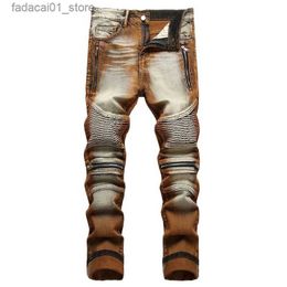 Men's Jeans Men Biker Skinny Jeans Streetwear Cotton Male Casual Zipper Motorcycle Stretch Dyeing Personality Denim Pants Plus Size 42 Q240202