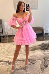 Party Dresses Sweetheart Mini Tulle Homecoming Short Puffy Sleeves Prom Dress Tiered Evening Ruffles Cocktail Birthday Gowns