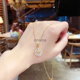 Chokers Sweet Sexy Zircon Crystal Sunflower Pendant Stainless Steel Necklace For Women Elegant Gold Colour Female Clavicle Chain Jewellery YQ240201