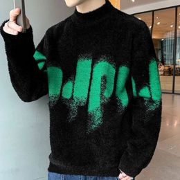 Men's Clothing Collared Knit Sweater Male Fleeced White Print Pullovers in Loose Fit Baggy Japanese Harajuku Fashion Retro X 240119