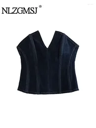 Women's Tanks Nlzgmsj TRAF Irregular Chest Denim Tops Women Casual Solid Backless Off Shoulde Corset Wrap 2024 Summer Sexy Slim