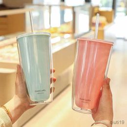 Thermoses New Simple Large-capacity Solid Color Double-layer Plastic Cup Home Office Straw Cup Summer Drink Coffee Cup Water Cup