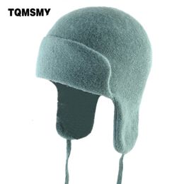 Knitted wool Warm Trapper Hat winter Women hats Russian bomber Hat Fake fur Casual ear flaps bomber caps for womens bone 240127