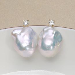 Earrings 100% Natural Fresh Water Pearl 925 Sterling Silver Big Baroque Pearl Earrings 1525mm Simple Classic Zircon Princess style EE