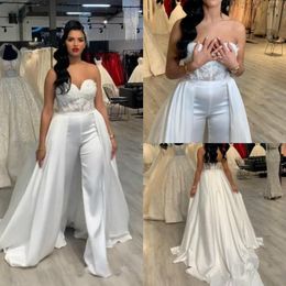 2020 Sexy Women Jumpsuits Plus Size Wedding Dresses Pant Suits Removable Skirt Long Formal Party Gowns Applique Lace abiye Bridal 354z