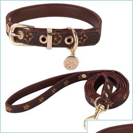 Dog Collars & Leashes Dog Collars Leashes No Pl Harness Designer Dogs Collar Set Classic Plaid Leather Pet Leash For Small Medium Cat Dhfbb