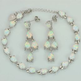 Bracelets White Water Drop Shaped Fire Opal 925 Sterling Sliver Bracelet with Earrings For Women JSET17120702