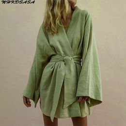 Women's V-Neck Kimono Cardigan Mini Dress Cotton Linen Long Sleeve Sashes Dresses Robe Style Lace Up Summer Loose Vestidos 240119