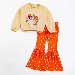 Clothing Sets Girlymax Fall Autumn Thanksgiving Toddler Baby Girls Children Clothes Turkey Embroider Dots Print Outfit Ruffles Flare Pants