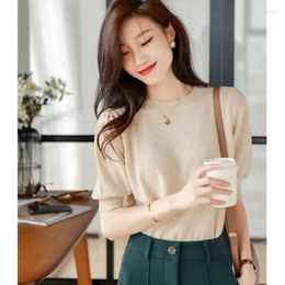 Women's T Shirts Temperament Ice Silk Knitted Short Sleeve Summer Five-point Cotton Top Back Buckle Thin Crewneck T-shirt