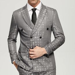 Men's Suits Grey Jacquard 2024 Casual Double Breasted 6 Buttons Wedding Grooms Wear (Jacket Pants) Formal Prom Dinner