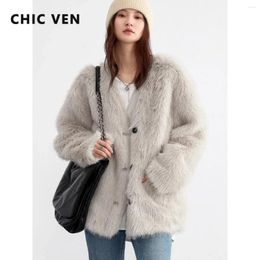 Women's Jackets CHIC VEN Korean Women Loose Solid V-neck Plush Warm Faux Fur Coat Female Jacket Woman Outerwear Autumn Winter 2024