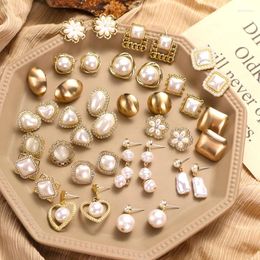 Stud Earrings FAMSHIN Vintage Gold Colour Geometric Pearls For Women Wedding Heart Crystal Irregular Pearl Earring Gift Jewellery