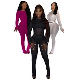 Designer Sexy Tracksuits Mesh Two Piece Sets Women Outfits Long Sleeve Top Pants Matching Sets See Through Clothes Sportswear Night Club Wear Wholesale 10642