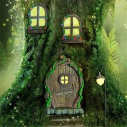 Garden Decorations Fairy Door And Windows Trees Decoration Resin Miniature Figurine Glow In The Dark Yard Art Luminous Sculpture Ornament