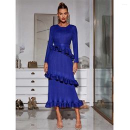 Ethnic Clothing Elegant Women Long Sleeve Bodycon Maxi Dress Pleated Ruffles Fashion Ladies Evening Party Dresses Dubai Kaftan Abaya