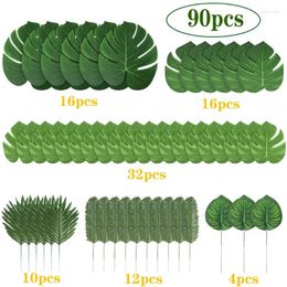 Decorative Flowers 90 Pieces 6 Kinds Artificial Palm Leaves With Faux Tropical Plant For Hawaiian Luau Party Jungle Beach Table Decorations