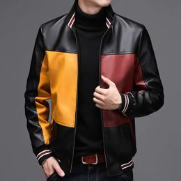 Autumn and Winter Business Leisure Pu Leather Stand Up Collar Contrast Colour Trendy Jackets Mens Plush Warmth Gathering Heat 8Z3E