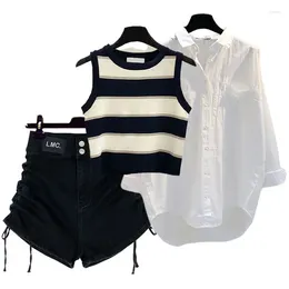 Women's Tracksuits Large Summer Set 2024 Western Style Shirt Inner Striped Tank Top With Shorts Three Piece