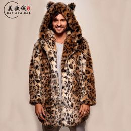Designer Couple Faux Fur Jacket with Leopard Print Hooded Casual Long Coat for Men and Women 7N91