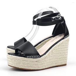 Sandals Metal Lock 2024 Genuine Leather Women Platforms Espadrilles Wedges Heels Party Ladies