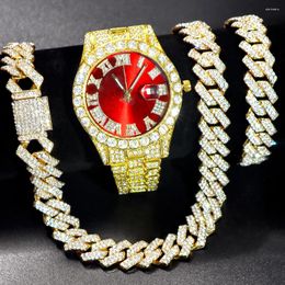 Chains 3Pcs Iced Out Necklace Watch Bracelet For Men Women Hip Hop Jewelry 14MM Cuban Chain Link Miami Luxury Set Gift