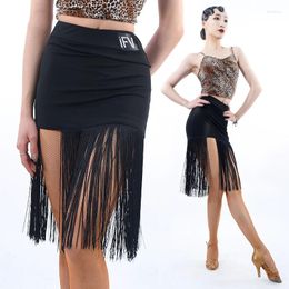 Stage Wear Latin Dance Competition Skirt Adult Women Cha Tango Costume Black Fringe Rumba Practise Dancewear VDB5869