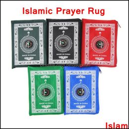 Carpets Islamic Prayer Rug Carpet Portable Braided Mat Travel Pocket Rugs With Compass Muslim Pray Worship Blanket Towel Yfa2123 Drop Otnot