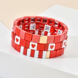 Charm Bracelets 2024 Women's Jewelry Elastic Bracelet Fashion Red Heart Bangle LOVE Enamel Tile Femme Gift