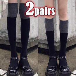 Women Socks 1/2pair Women's Black Grey Stockings Spring Preppy Style Knee High Female Quality Cotton Solid Color Long Comfy