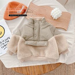 06Yrs Children Girls Laml Wool Stitching Coat Warm Autumn Plus Velvet Jackets Winter Kids Clothing Outfits y240127