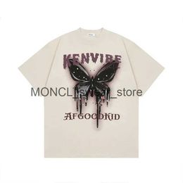 Men's T-Shirts Summer 2023 New High Street Butterfly Print Short-sleeved T-shirt Men and Women Loose Retro Street Couples Women Clothing Y2kH2421