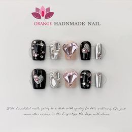 Handmade Luxury Press On Nails Rhinestone Coffin Head Manicuree Decoration Wearable Full With Design Acrylic Nail For Girls 240201