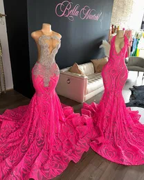 Fuchsia Sequins Mermaid Long Prom Dresses 2024 For Black Girls Beads Evening Dress Birthday Party Gowns