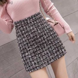 Skirts 2022 New Women Tweed Skirt Spring Autumn High Waist Slim A-line Double-breasted Mini Skirt Elegant Korean White Black Skirts YQ240201