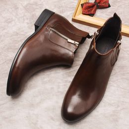 Genuine Cow Leather Black Brown Shoes Dress Comfortable Ankle Zipper Formal Man Boots