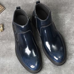 New Genuine Leather Ankle Zipper Black Blue Classic Winter Shoes Elegant Dress Boots Men