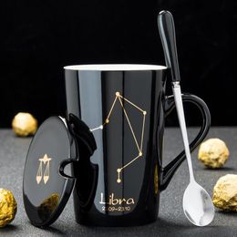 12 Constellations Ceramic Coffee Milk Mug with Spoon Lid Black and Gold Porcelain Zodiac Ceramic Cup 420ML Home Water Drinkware303A
