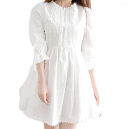 Casual Dresses Sweet Girl Japanese Style White Dress Elegant Flared Sleeve Lace Panel Swing Spring Summer Pleated High Waist Sundress