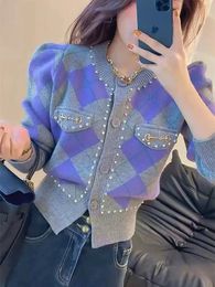 High Quality Korean Purple Argyle Knitted Sweater Long Puff Sleeve Single Breasted Cardigan Fashion Short Tops 240126