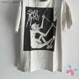 Men's T-Shirts Washed Old White Saint Tshirts Devil Print Round Neck Cotton Short Sleevedvintage Hiphop Street Casual Men Women T-shirt Q240201