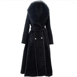 Women's Trench Coats Long Cotton Padded Parkas Coat Women Winter Double Breasted Fur Collar Slim Work Office Thick Warm Velvet Skirt