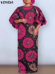 Casual Dresses Women Dress 2024 Bohemain Floral Print Maxi Vintage Round Neck Short Sleeve Lantern Party Sundress Vestidos
