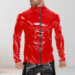 Men's Jackets Men Shiny Jacket Faux Leather Party Nightclub With Stand Collar Zipper Closure Smooth Glossy Solid Colour For Night