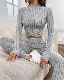Women's Two Piece Pants Sets Women Outfit 2024 Spring Fashion Long Sleeved Slim Fit Mock Neck Criss Cross Crop Top & Skinny Plain Set