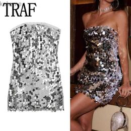 Basic Casual Dresses TRAF Off Shoulder Sequin Dress Woman Silver Mini Corset Dress Women Glitter Backless Sexy Short Dresses Evening Party Dresses YQ240201