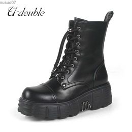 Boots 2023 New Punk Women Platform Ankle Boots Females Rock Round Toe Lace Up Fashion Retro Chunky Shoes Metal Decor Short Boots